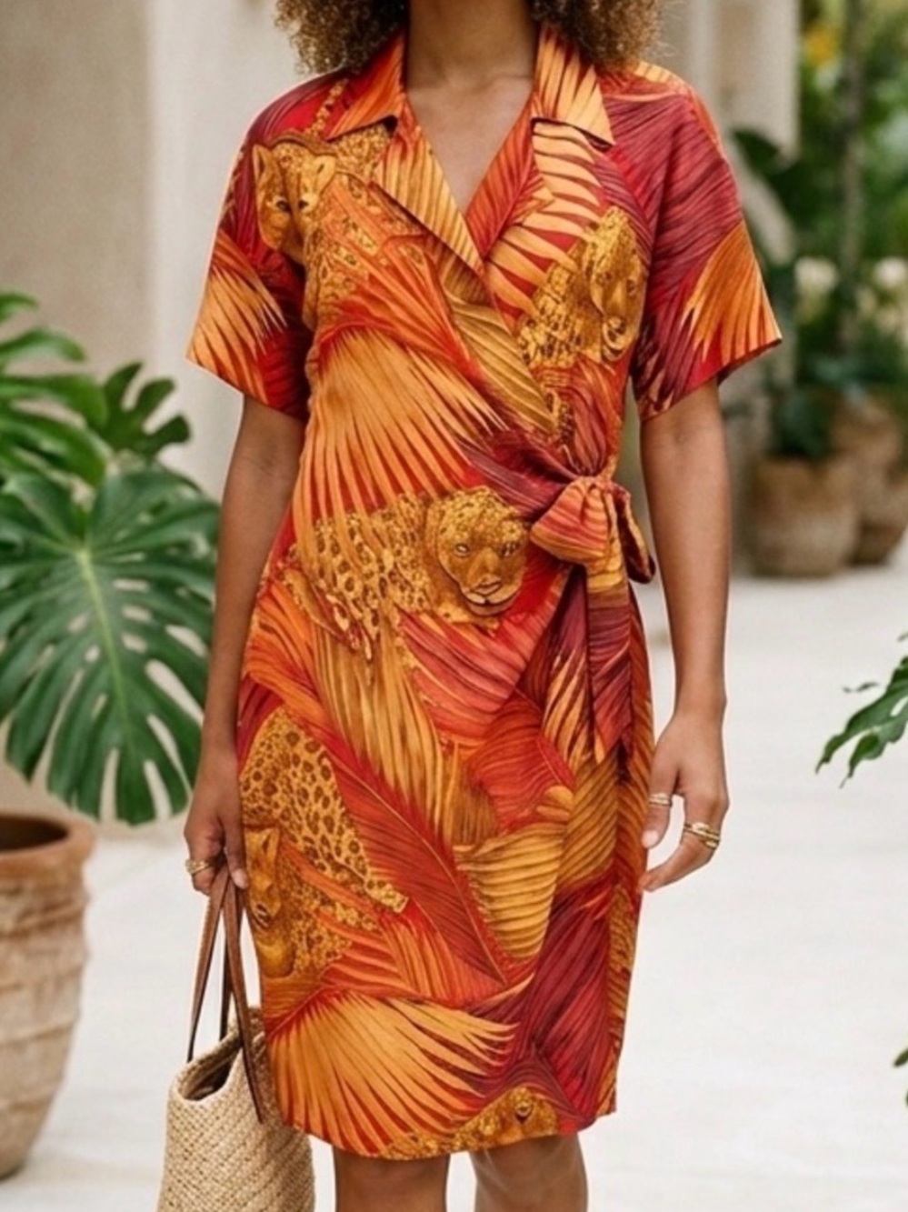 1990s Vintage Silk Cheetah Wrap Dress 4 Jungle Tropical Resort Vacation Mobwife